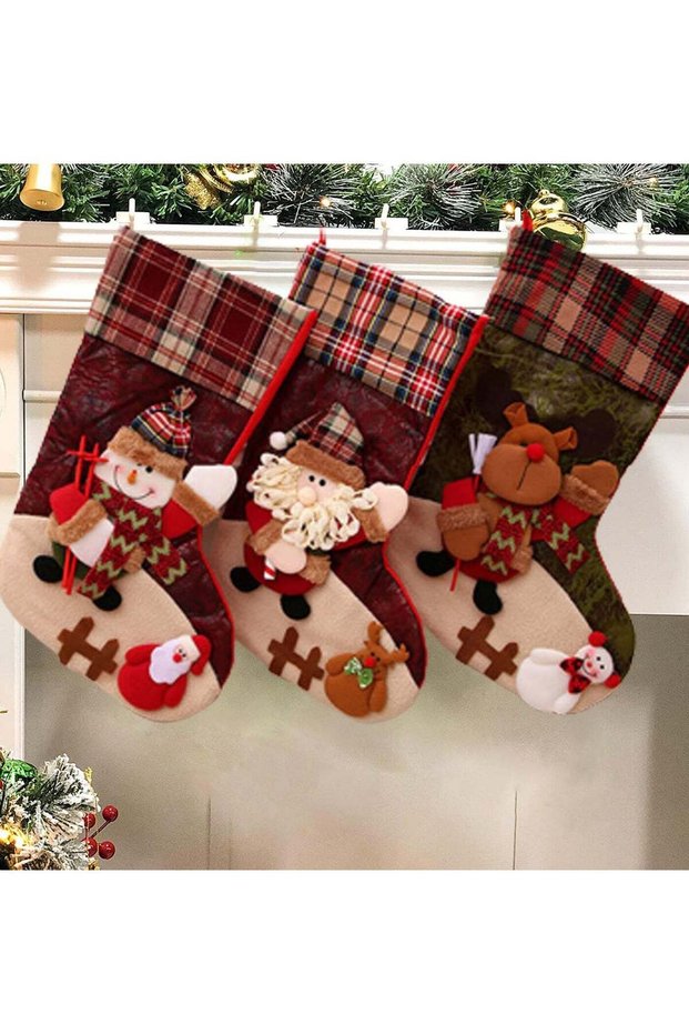 Christmas Stockings Gift Bags, Fabric – 3D Designs, Set of 3