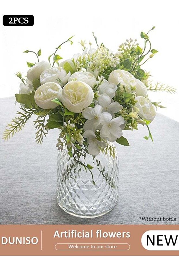 White Artificial Roses, Fake Flannel Flowers Single Long Stem Blooms With Rose Buds, Realistic Deco