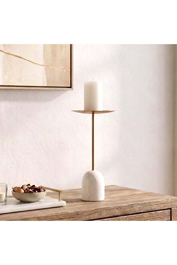 Alabaster Marble Brass Pillar Candle Holder 15x15x23cm - White - 112OTL9900098