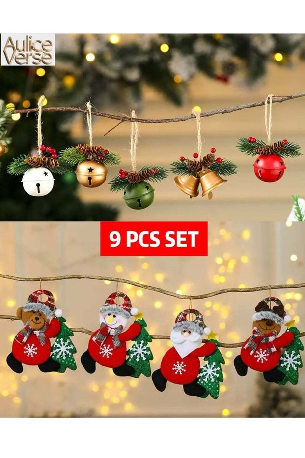 9-Piece Holiday Hanging Decor Set - Bell & Plush Doll Ornaments with Pinecone Accents - Ideal for N