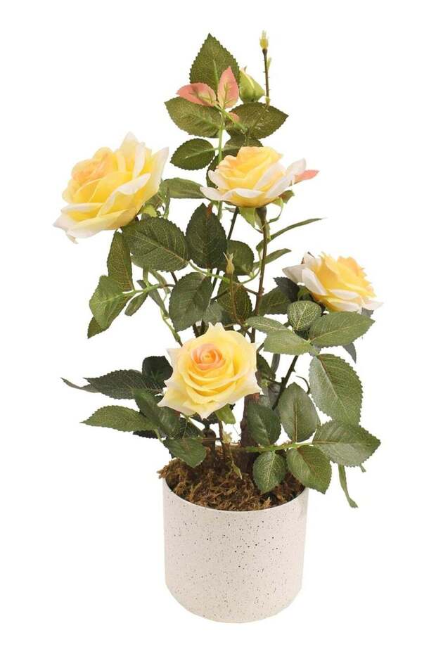 Artificial Rose Plant in White Ceramic Pot, Yellow Silk Flowers with Green Leaves, Home Decor 45cm