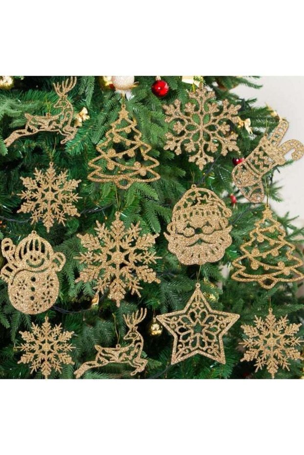 Christmas Tree Decoration Sparkling Snowflake Ornaments, 42pcs Champagne Glitter Snowflakes Sock Re