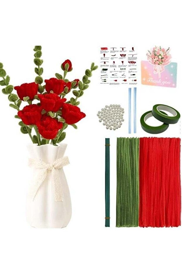 Pipe Cleaners Flower Kit with Floral Wires, Floral Tape & Pearl Beads, Red & Green Fluffy Pipe Clea