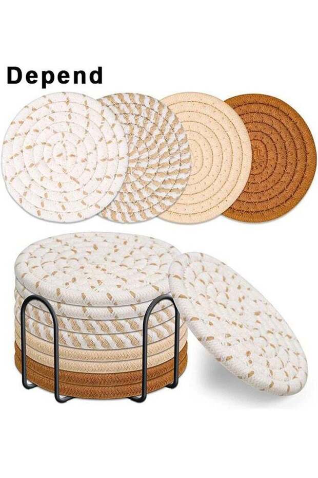 8 Pcs Drink Coasters With Holder, 4 Colors Absorbent Coasters, Boho Minimalist Cotton Woven Coaster