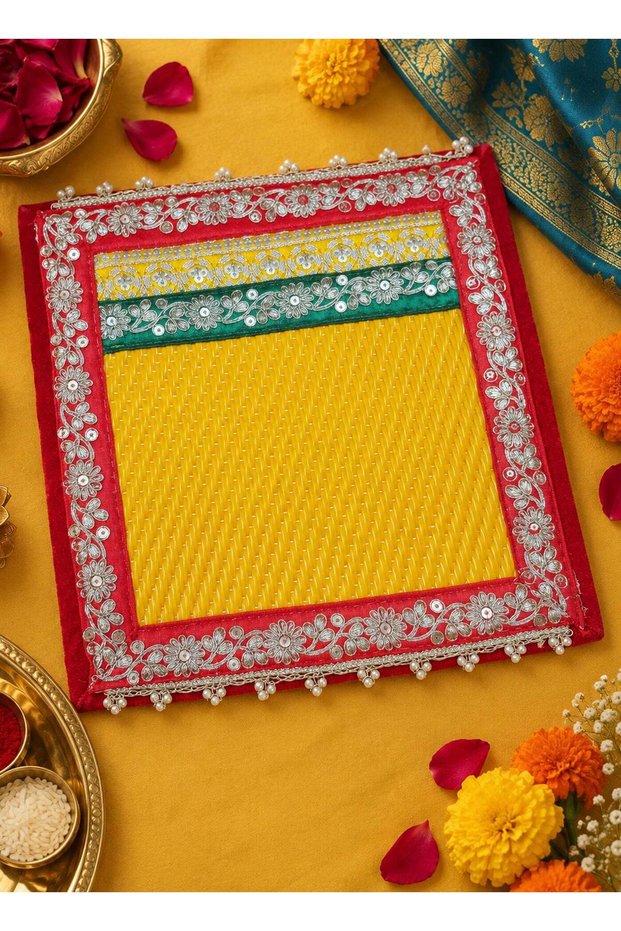 Madhoor Gota Patti Decorative Pooja Mat Yellow for Pooja, Deity Idol Placement & Home Temples, 10 x