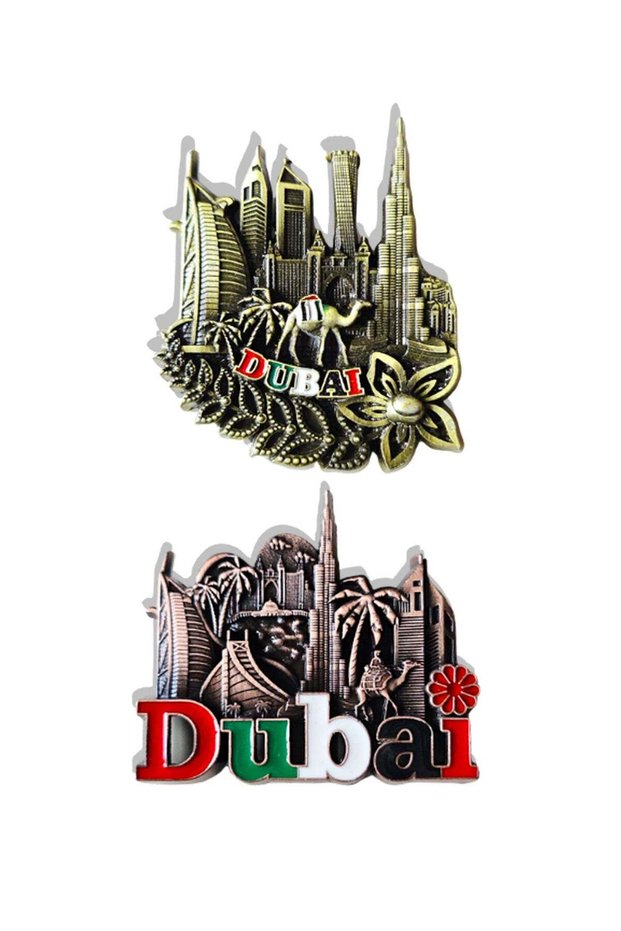 Dubai Souvenir Metal Magnet Set of 2 (6×6 cm) featuring vibrant artwork of iconic landmarks, perfec