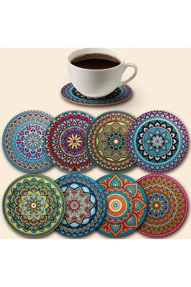 8pcs Heat Resistant Natural Cork Mandala Coasters and Placemats - Absorbent and Reusable for Cold