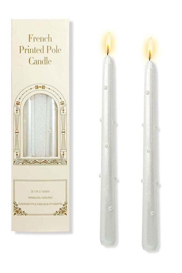 Set of 2 White Metal Pearl Smokeless Taper Candles, 10 Inch Long Candles for Candlesticks Eid Weddi