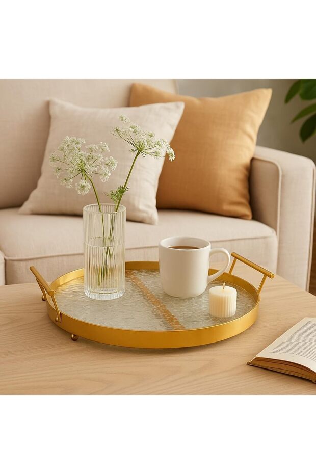 B&S Round Decorative Glass Tray with Golden Metal Handles