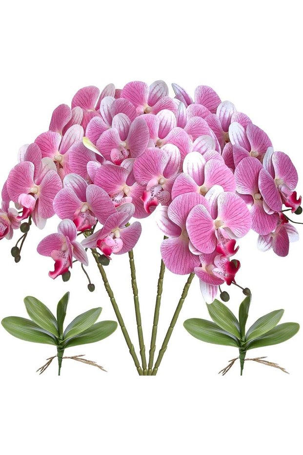 Artificial Phalaenopsis Orchid Flowers, Pink, 32 Inch, 4 Pack with Leaves
