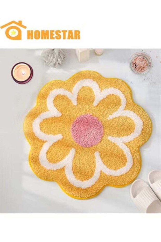 Flower Mat, Beauty Yellow Bathroom Rug, Machine Washable, Aesthetic Summer Room Decor, also for Hom