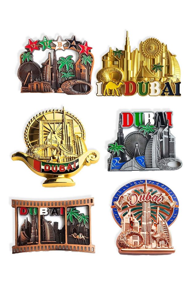 6 pcs Dubai souvenir magnets with detailed landmark designs. Made from high-quality metal with stro