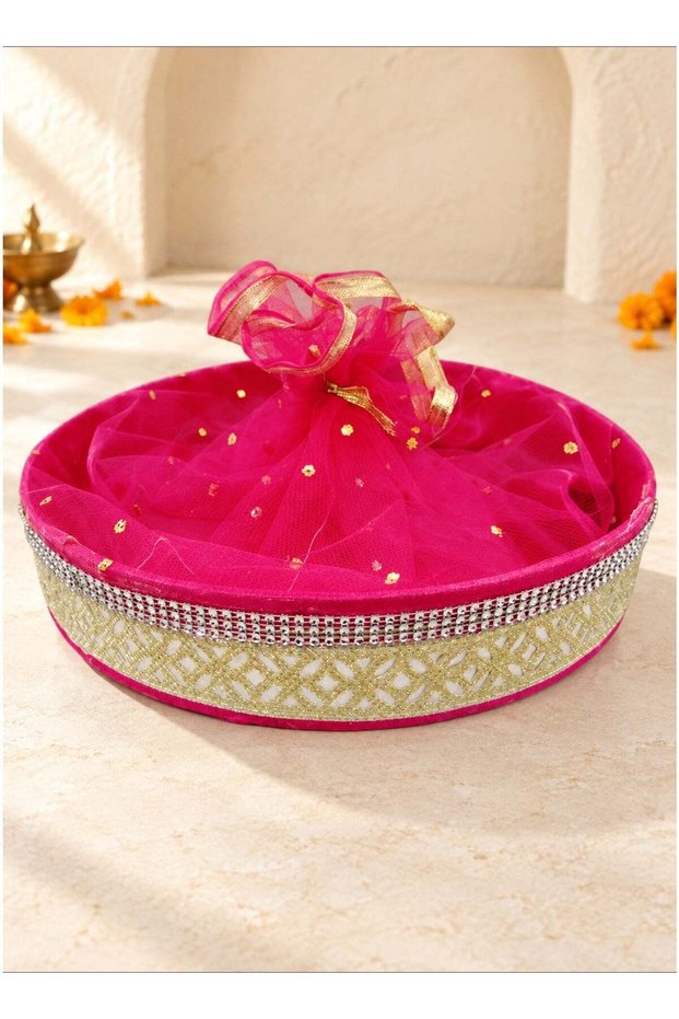 Madhoor Round Gold Decorative Gift Basket for Wedding Hampers, Sweets, Dry Fruits, Return Gifts & F
