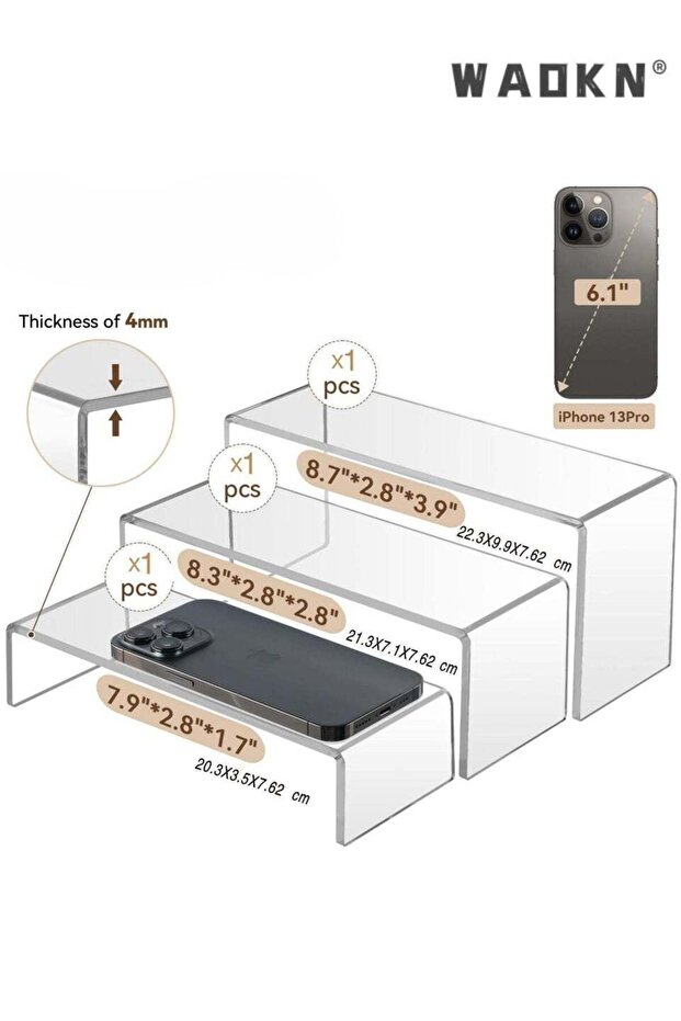 3 Pack Clear Acrylic Display Risers, 4mm Thick U-Shaped Stackable Desktop Organizer, Transparent Sh