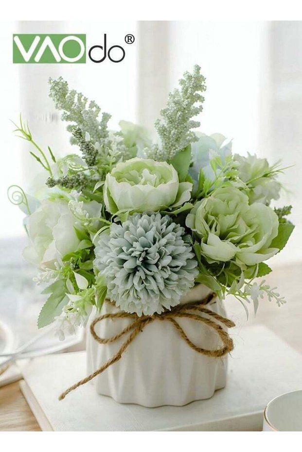 Artificial Flowers with Ceramic Vase, Faux Hydrangea Flower, Fake Potted Bouquet, Arrangements Tabl