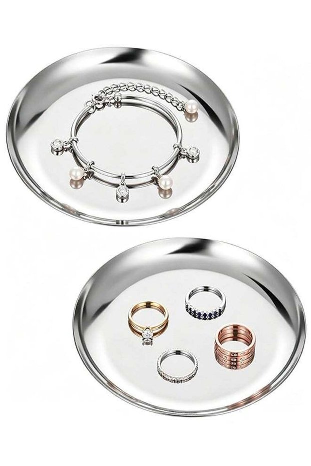 2PCS Silver Stainless Steel Round Trinket Tray,Jewelry Storage Dish for Rings Earrings Keys, Home D