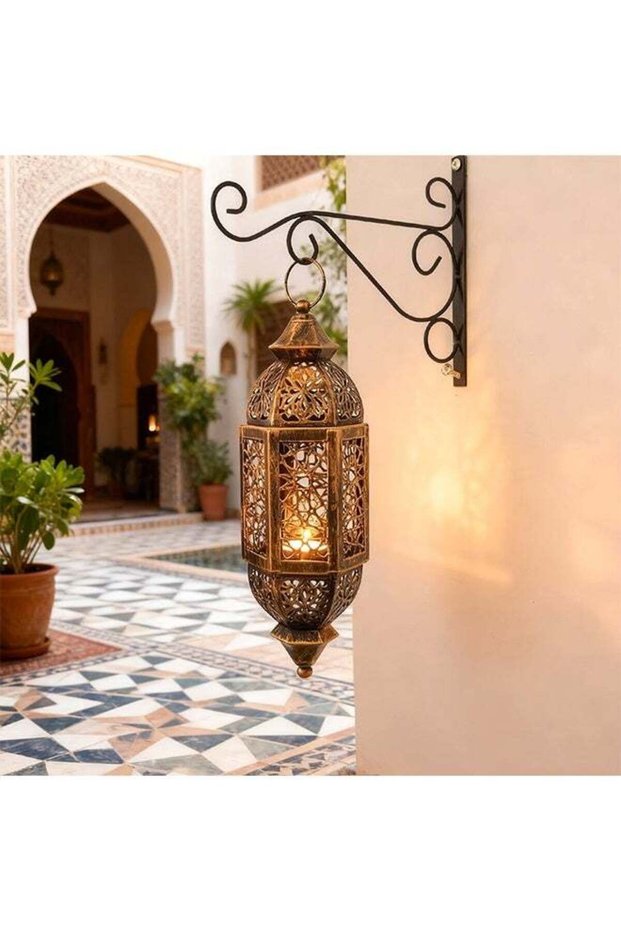 Moroccan Hanging Lantern, Retro Ramadan Decor Light, Hollow Metal Handicraft Lantern for Indoor Out