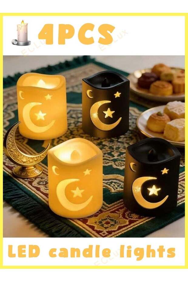 4Pcs Ramadan Retro LED Candle Lanterns EID Mubarak Moon Star Night Lights Flameless Battery Operate
