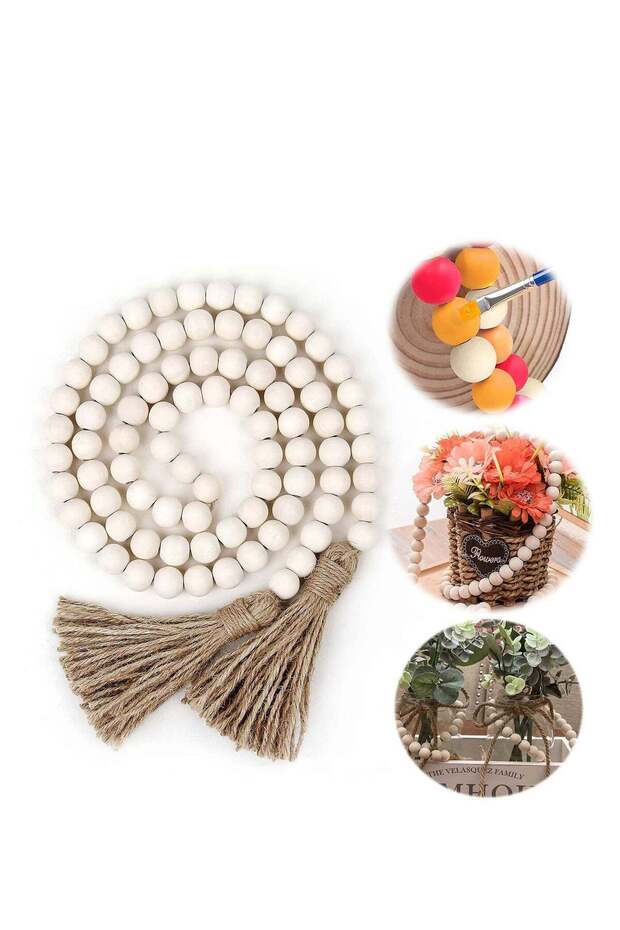 Wood Bead Garland with Tassels with Tassles Prayer Beads Wall Hangin, Farmhouse Beads Rustic Countr