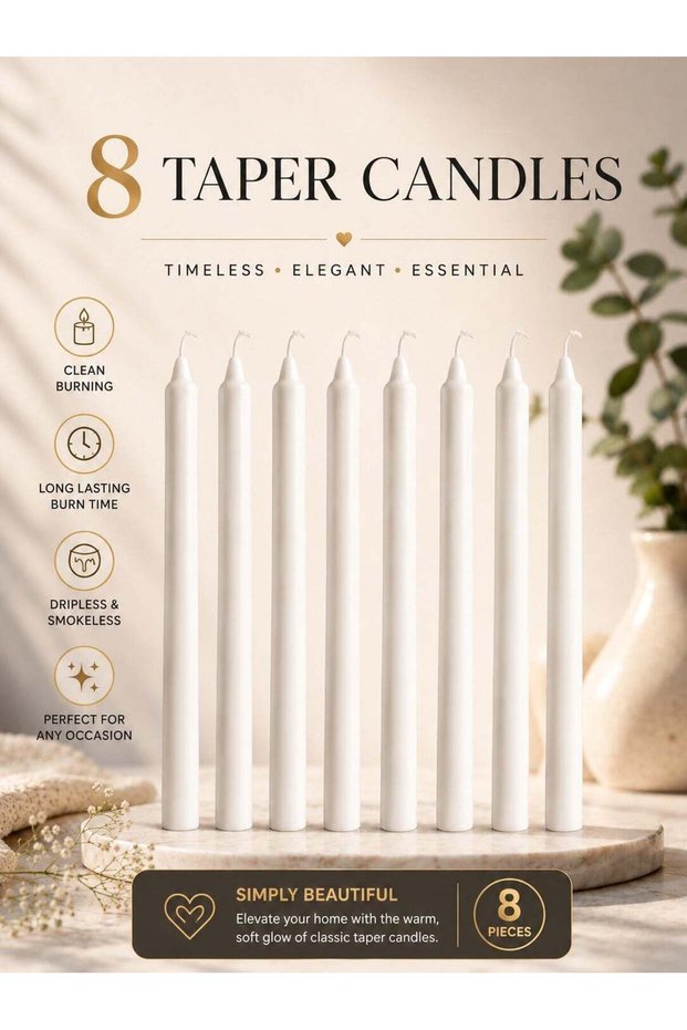 Set of 8 Long-Burning Unscented White Taper Candles, Premium Elegant Decorative Candles with Stable