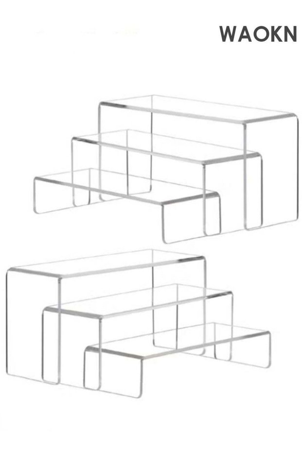Large and small mixed six piece transparent acrylic display rack with layered storage compartments
