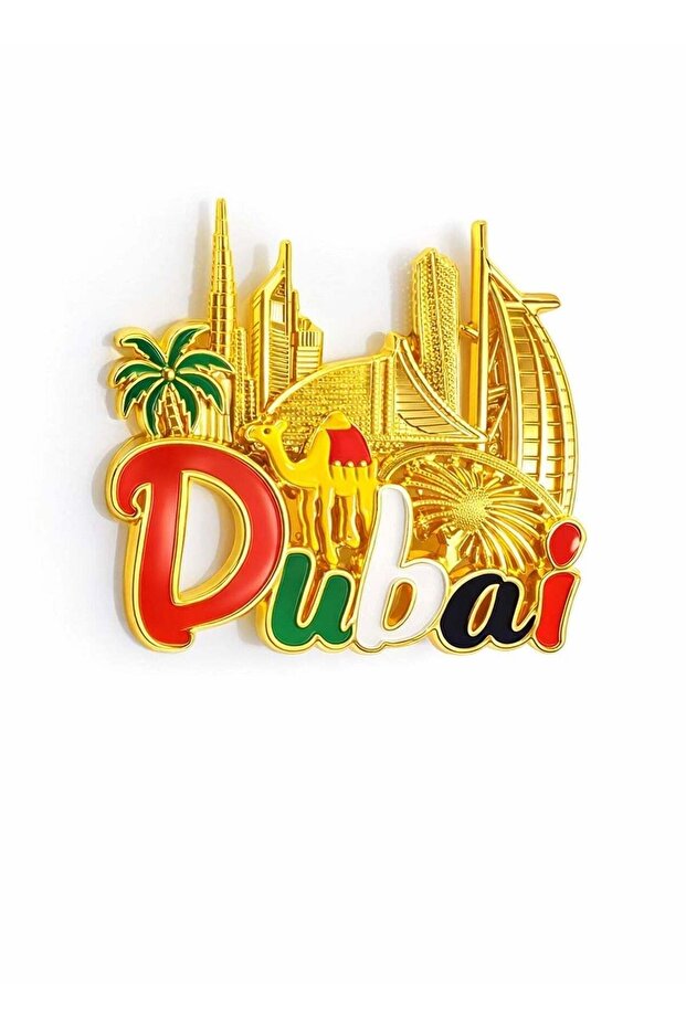 Fridge Metal Magnet Gold polish | UAE Camel with colorful Dubai Font with Iconic Landmarks fe