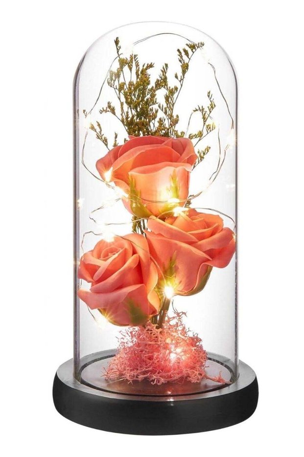 LED Rose Glass Dome Decorative Lamp, Artificial Flower Arrangement with Warm Fairy Lights and Elega