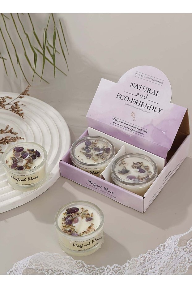 Magical Place Lavender Scented Soy Wax Candles Gift Set - 4 Pack Aromatherapy Candles with Crystals