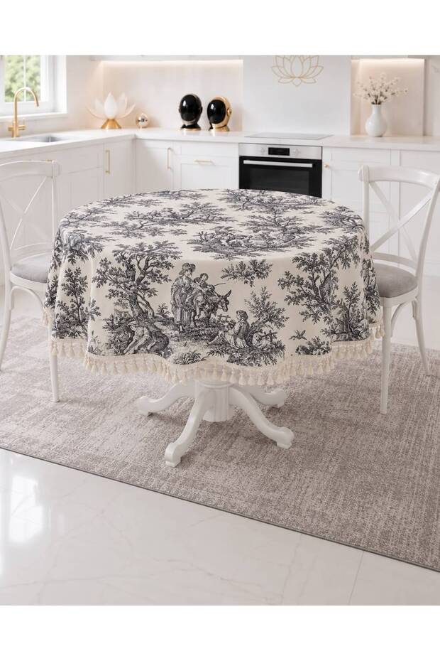 Round Duck Fabric French Country Patterned Tassel Tablecloth Country Bohemian Living Room and Kitchen