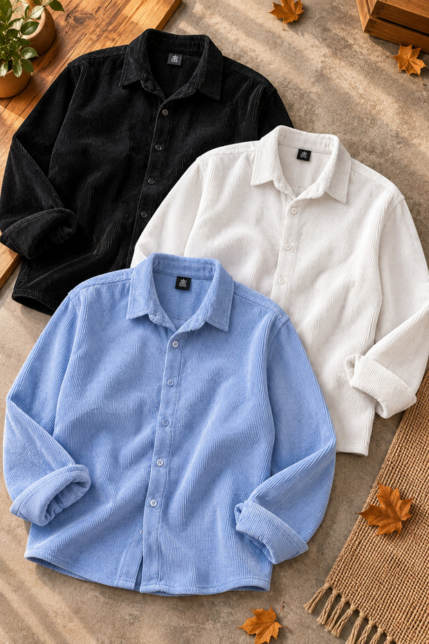 Men's 3-Piece Set Corduroy Shirt Winter Long Sleeve Buttoned Shirt Collar Comfortable Fit Basic Casual Sports Shirt
