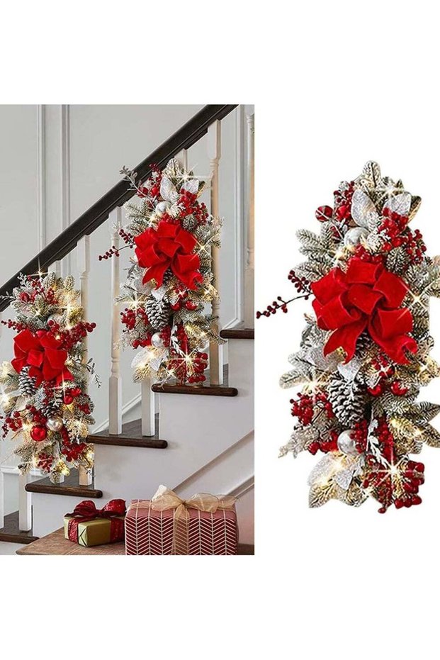 Pre-Lit Christmas Stairway Swag, LED – 24 in, Red