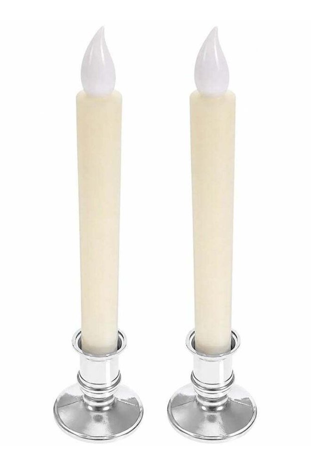 Set of 2 Flameless LED Taper Candles with Holders, Battery Operated Wax-Look