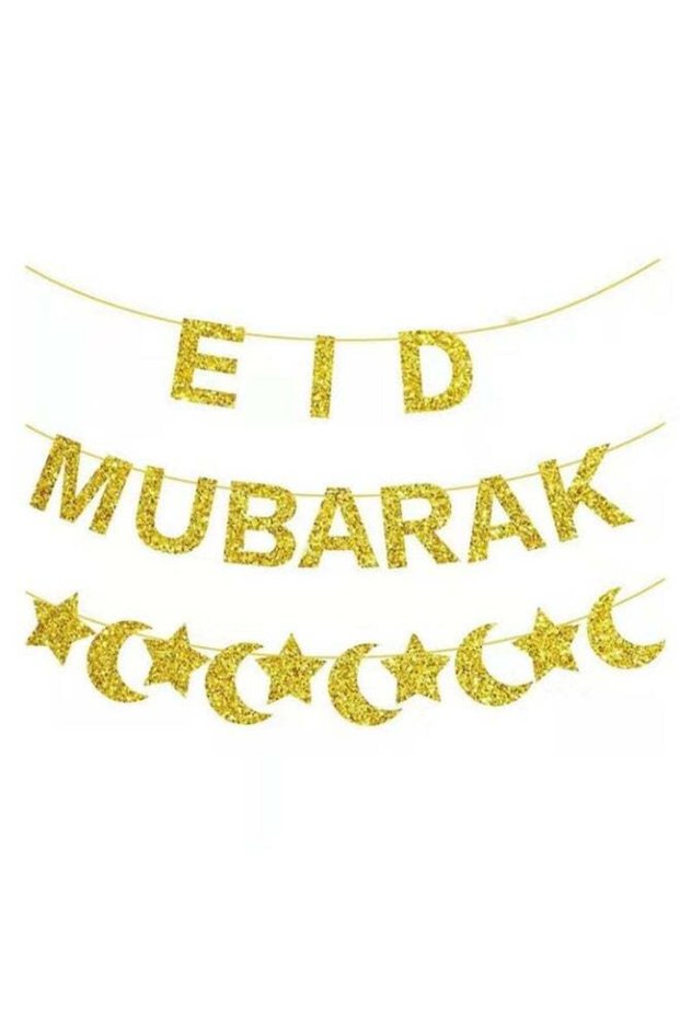 Eid Mubarak Banner,Ramadan Mubarak Party Decorations Home, Gold Glitter Moon Stars Bunting Garland