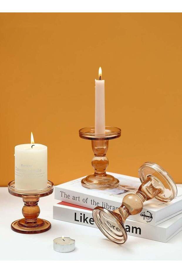 3-Piece Glass Candles Stand Amber Crystal Candle Holder for Pillar Taper Candle and Tealight