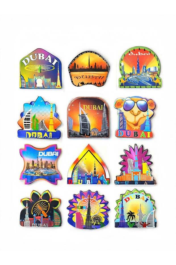 Set of 12 foil magnets featuring multiple patterns and vibrant Dubai Skylines —perfect as souvenirs