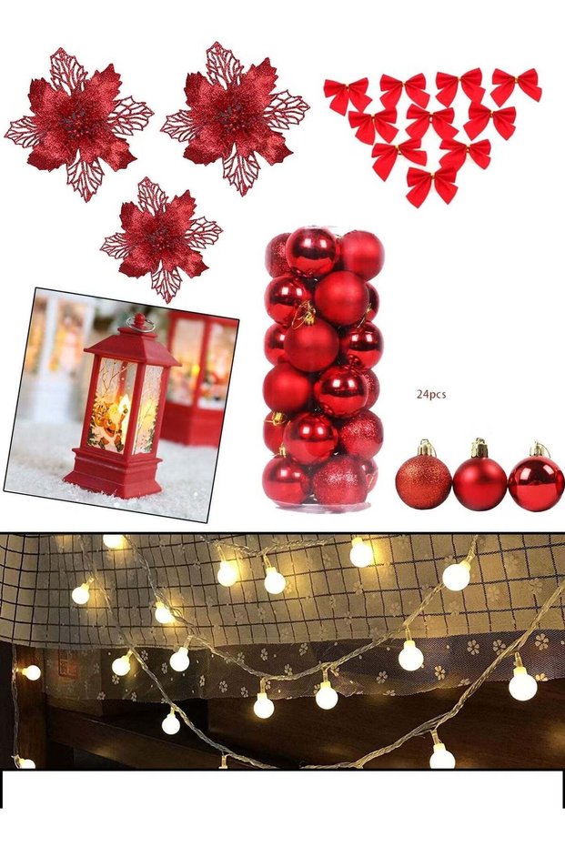 "Complete Red & Gold Christmas Tree Decoration Set - 24pc Red Baubles, Poinsettias, Bows, Star Topp