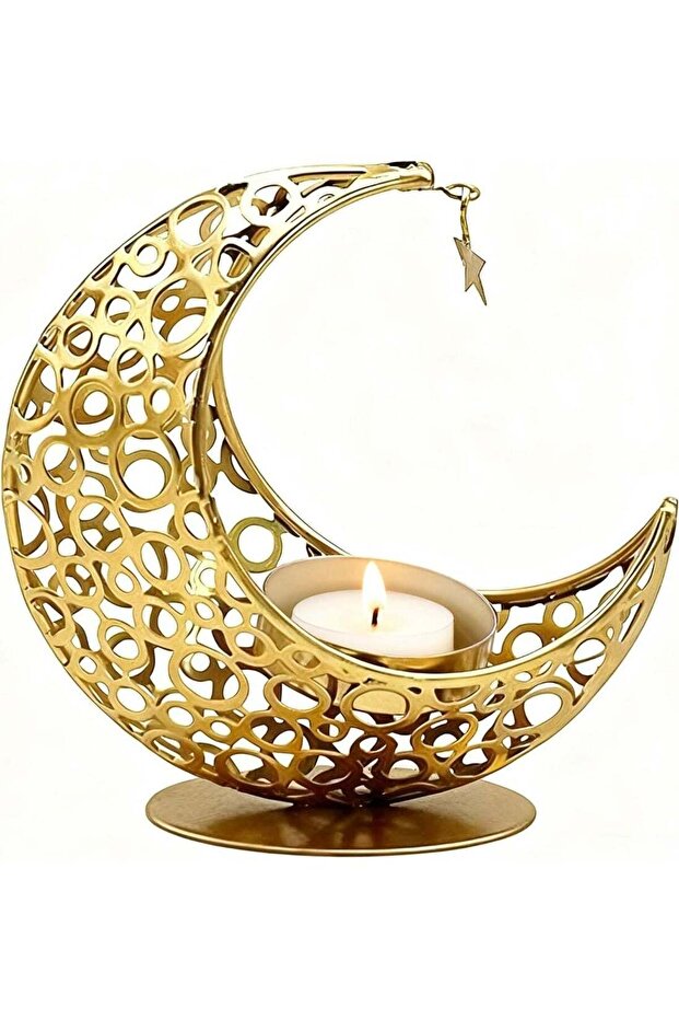 Eid Moon Candle Holder, Ramadan Hollowed Decoration Lights Atmosphere Modeling Decor for Eid and al
