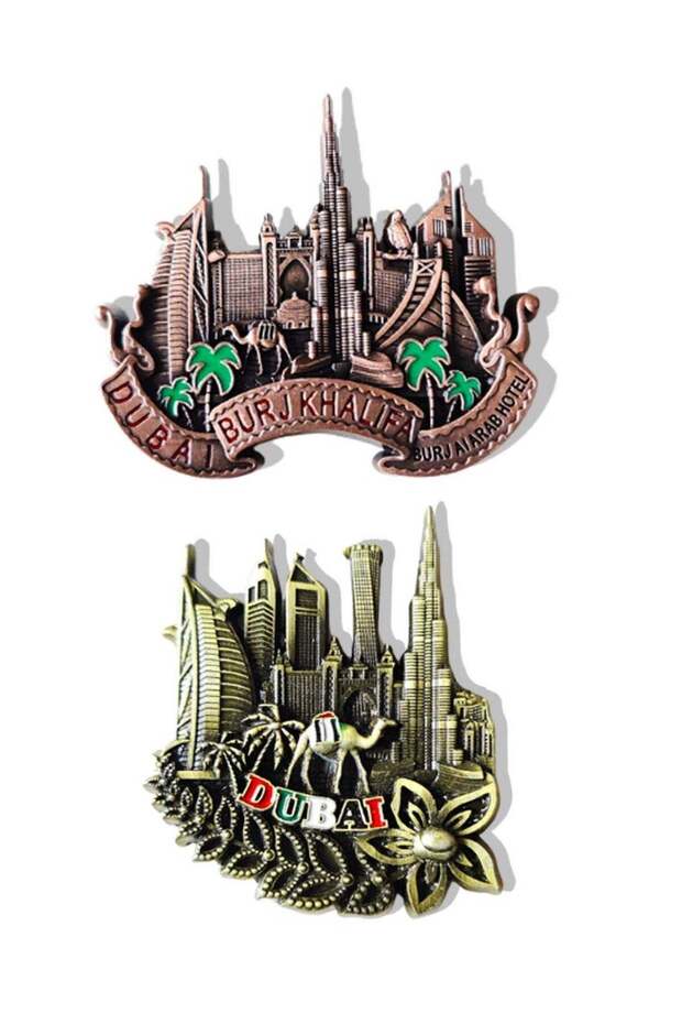 Set of 2 Dubai metal Fridge magnets 6×6 cm with vibrant landmark artwork — perfect for tourists Sou