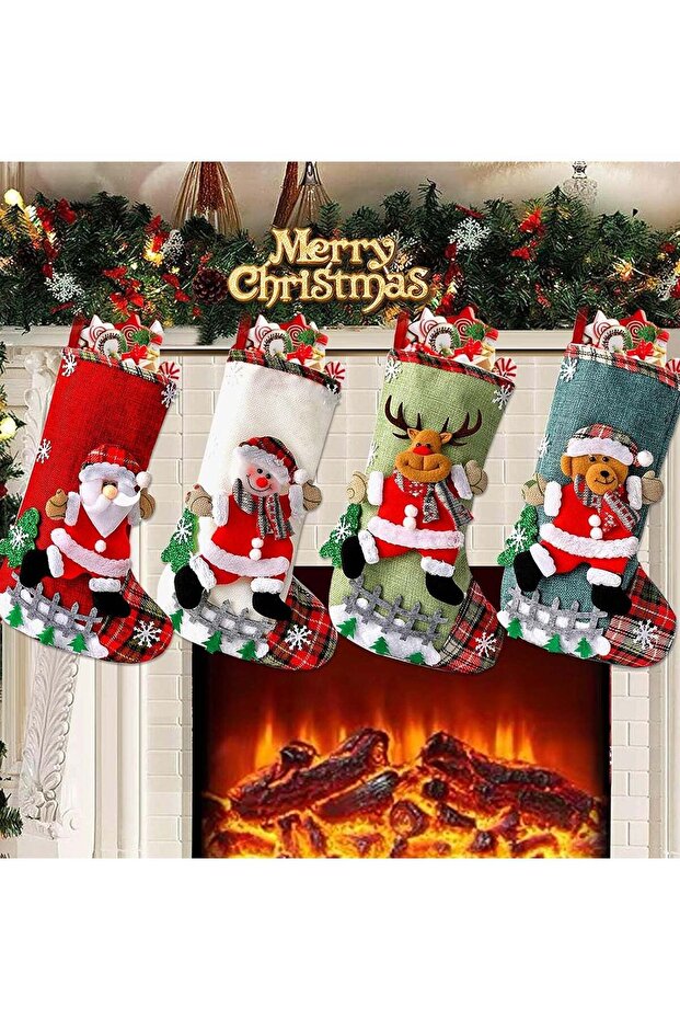4 Pack Christmas Stockings Xmas Stockings Gift Bags 3D Cute Snowman Reindeer Bear Xmas Character St