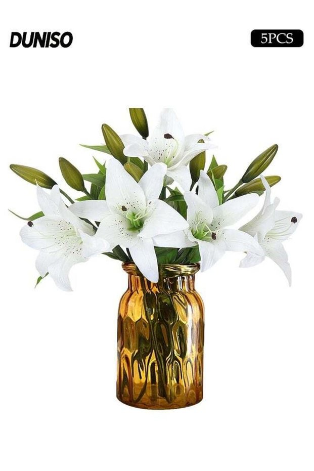 5PCS Fake Flowers, Lily Artificial Flowers, White Faux Flower Arrangement Suitable for Home Office