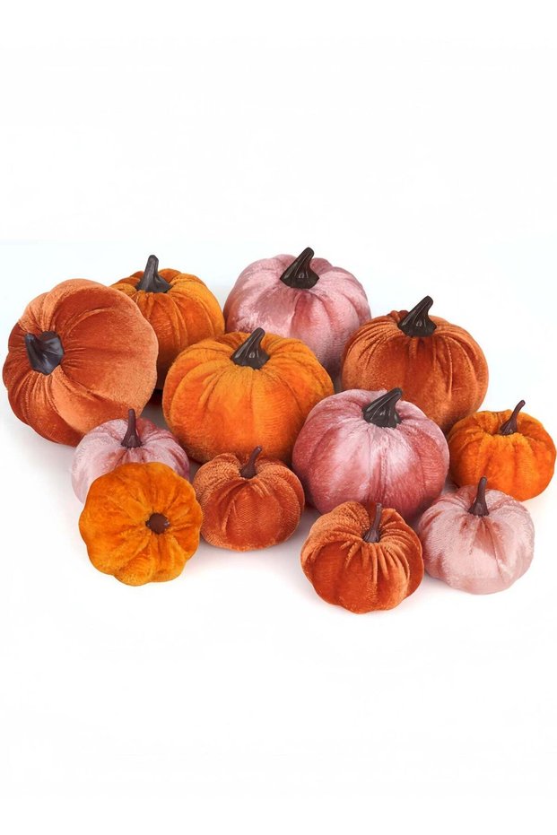 12Pcs Fall Artificial Velvet Pumpkins Assorted Sizes Orange Brown Pink Fake Farmhouse Harvest Pumpk