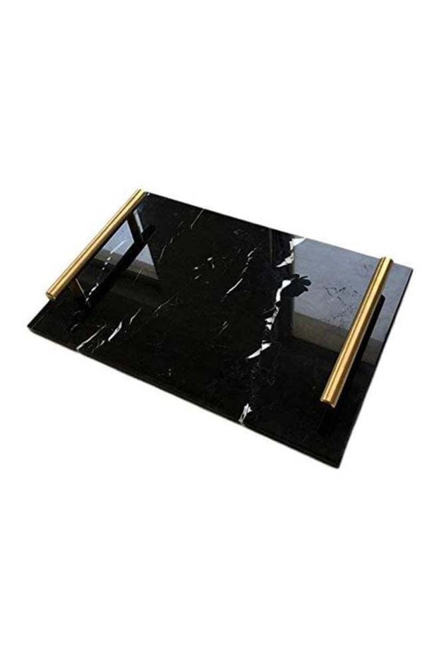 Natural Marble Tray with Gold Handles, 30x20Cm Black black 30x20x2cm