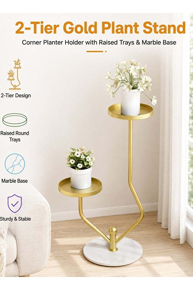 2-Tier Plant Stand for Flower Pots, Gold Metal Corner Planter Holder with Raised Round Trays and Ma