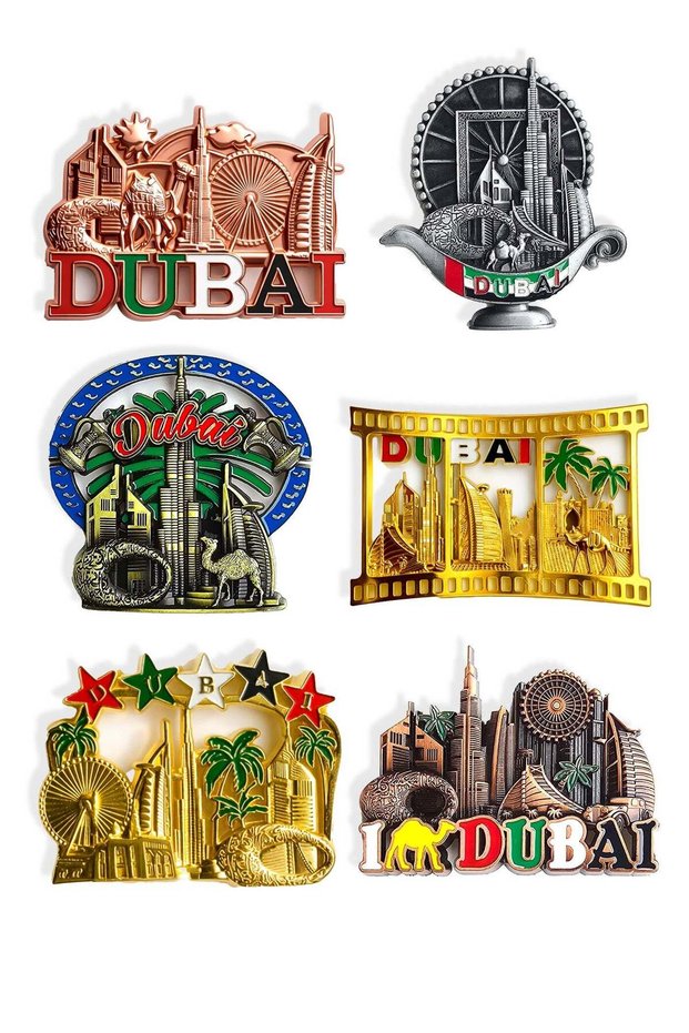 Set of 6 premium metal fridge magnets featuring iconic Dubai landmarks and skyline design. Strong m
