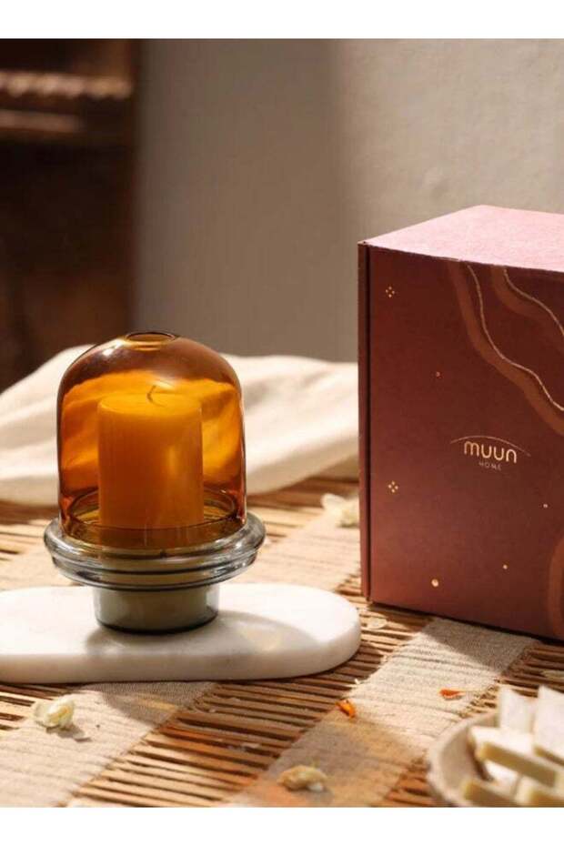 Muun Home Dome Candle Holder with Amber Borosilicate Glass Dome & Slate Grey Base | Modern Pillar C