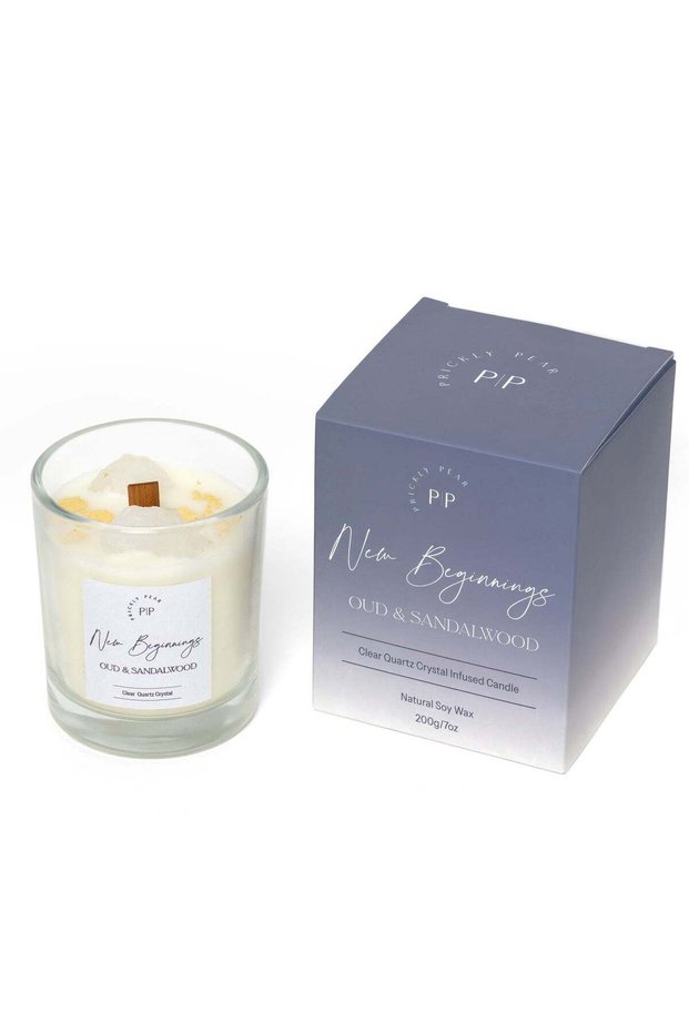 Clear Quartz Crystal 'New Beginnings' Oud & Sandalwood Candle