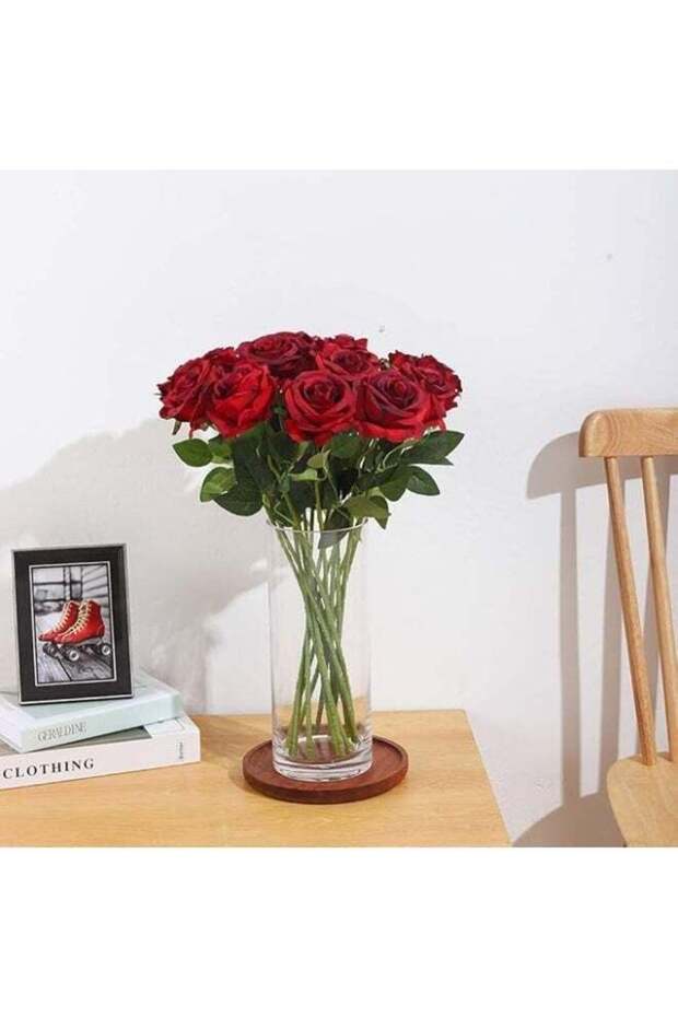 LATIFA 10 Artificial Flowers Red Roses Burgundy Flowers Bouquet, Red Roses Artificial Set of 10, Ro