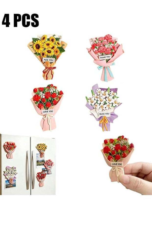 4 Pcs Artificial Flower Fridge Magnets, 3D Embossed Bouquet Decor, Strong Magnetic Refrigerator Sti