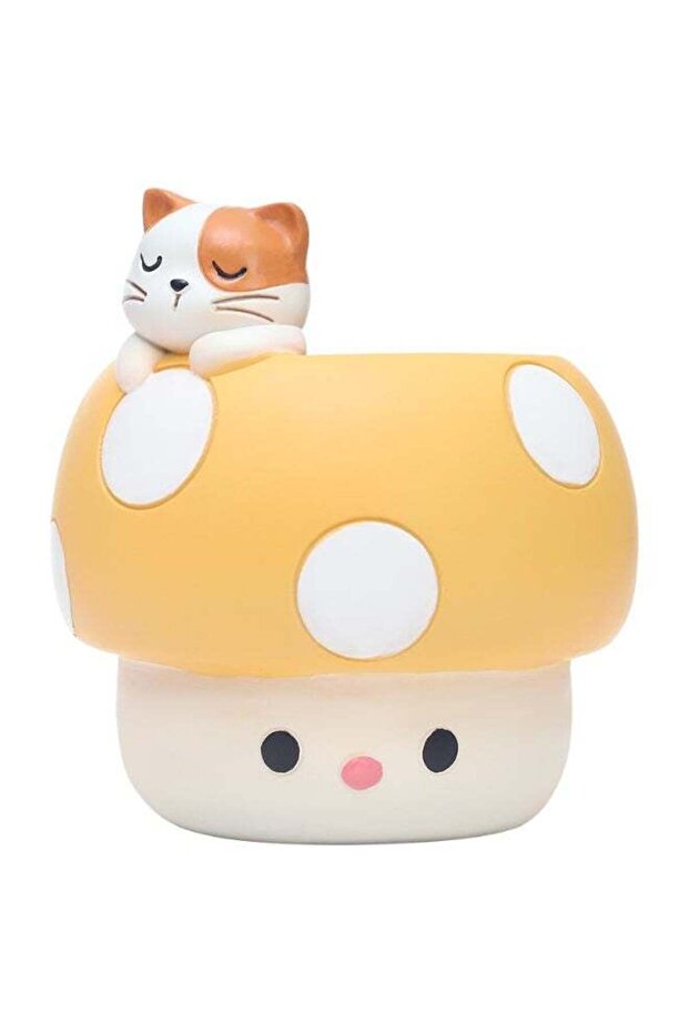 Yellow Mushroom Sleeping Cat Planter Polyresin Decorative Flower Pot Cute Animal Succulent Holder I