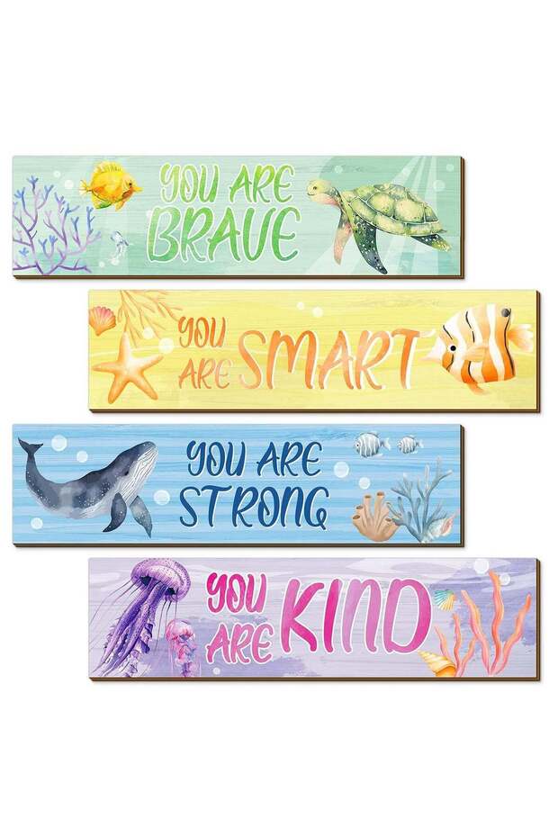 ARS® 4 Pcs Ocean Decor with Inspirational Quotes - Wooden Wall Art for Bedroom and Living Room
